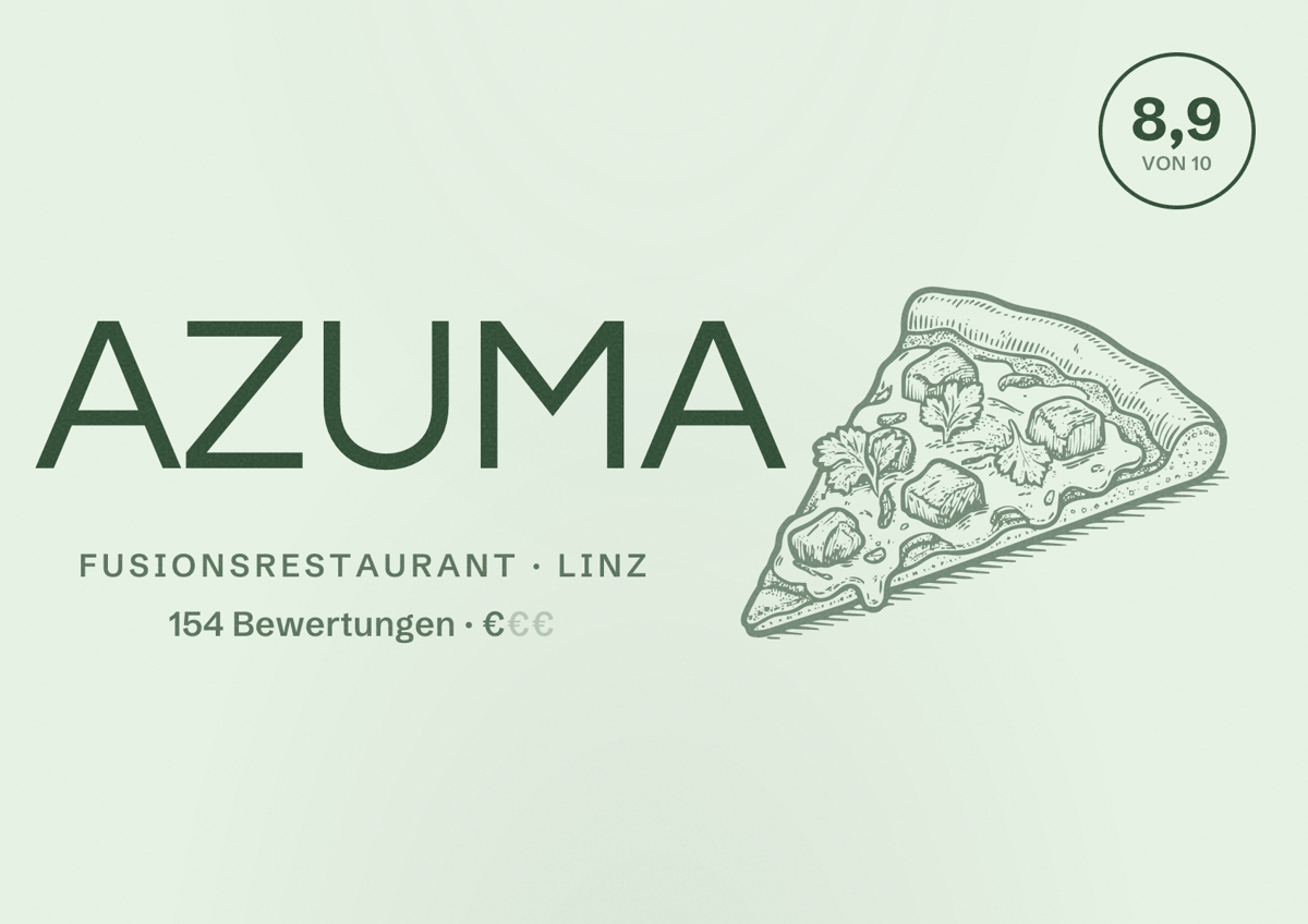 Illustriertes Poster von AZUMA, Fusionsrestaurant in Linz: Bewertung 8,9 von 10 aus 154 Bewertungen, Preisniveau €