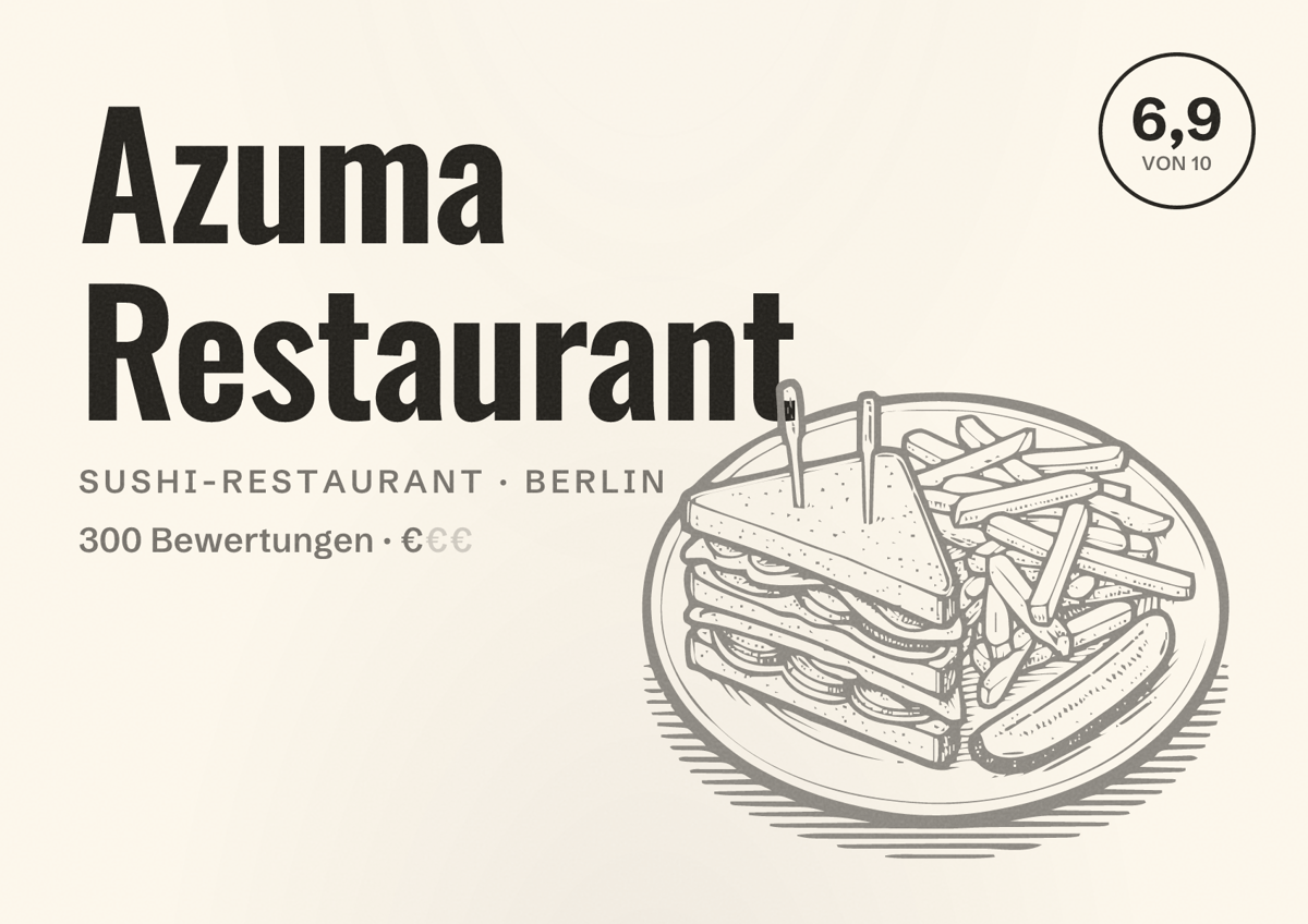 Illustriertes Poster von Azuma Restaurant, Sushi-Restaurant in Berlin: Bewertung 6,9 von 10 aus 300 Bewertungen, Preisniveau €
