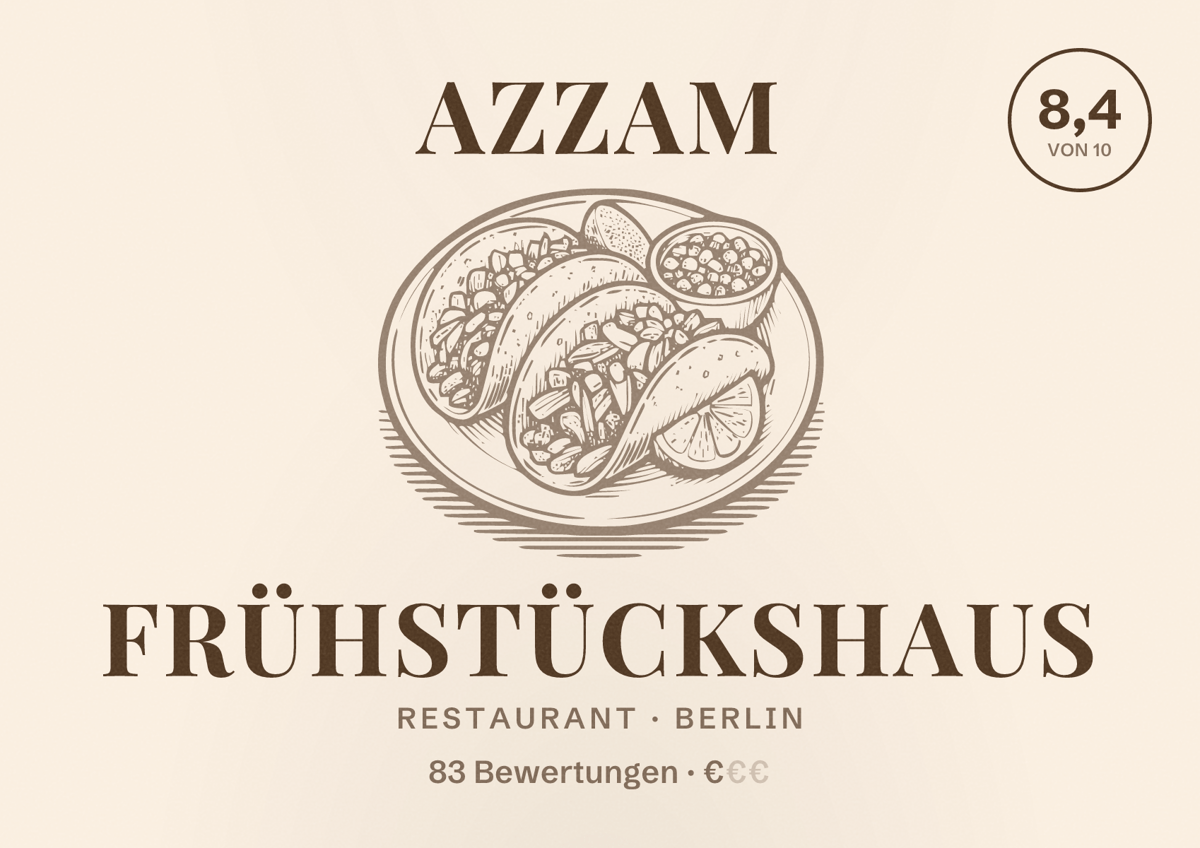 Illustriertes Poster von Azzam Frühstückshaus, Restaurant in Berlin: Bewertung 8,4 von 10 aus 83 Bewertungen, Preisniveau €