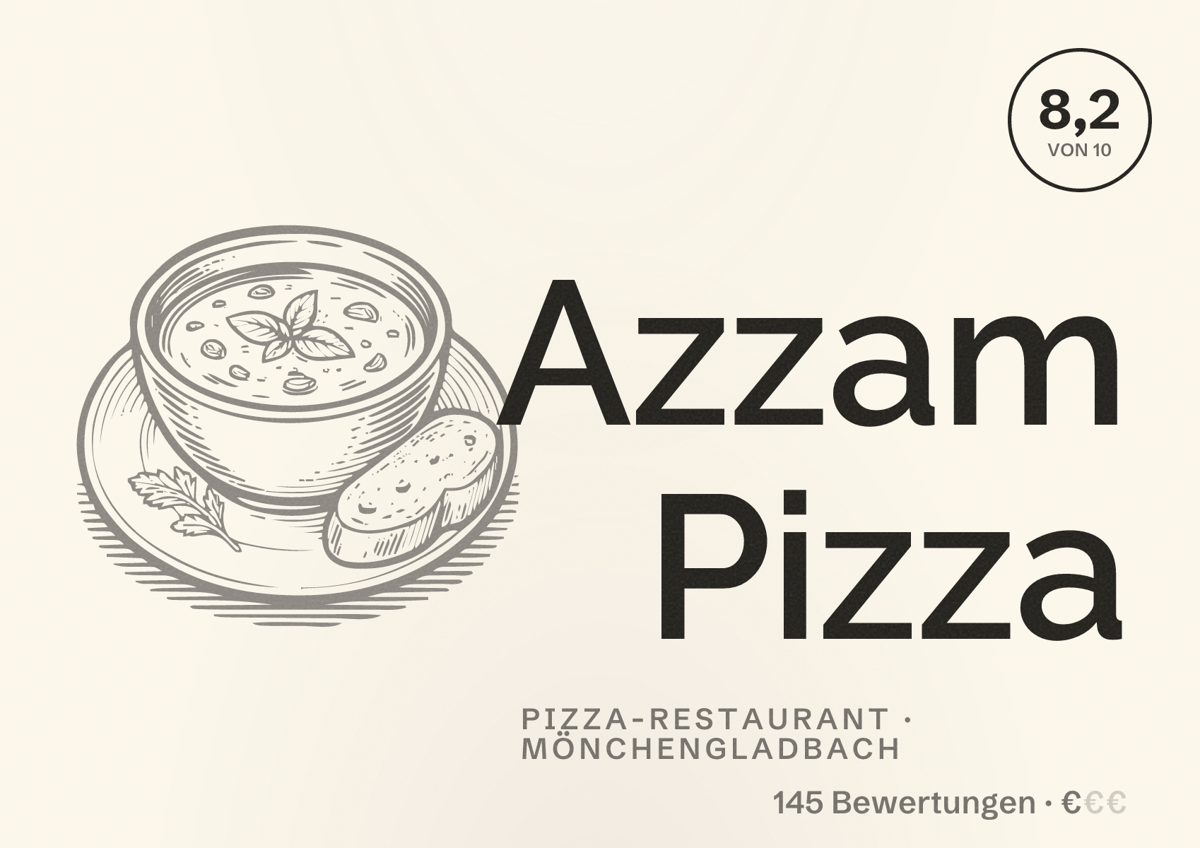 Illustriertes Poster von Azzam Pizza, Pizza-Restaurant in Mönchengladbach: Bewertung 8,2 von 10 aus 145 Bewertungen, Preisniveau €