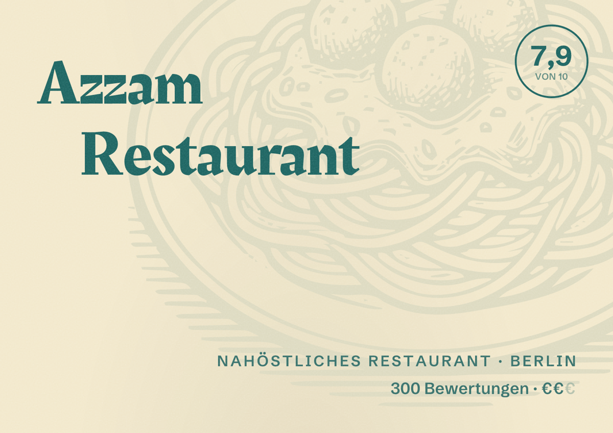 Illustriertes Poster von Azzam Restaurant, Nahöstliches Restaurant in Berlin: Bewertung 7,9 von 10 aus 300 Bewertungen, Preisniveau €€