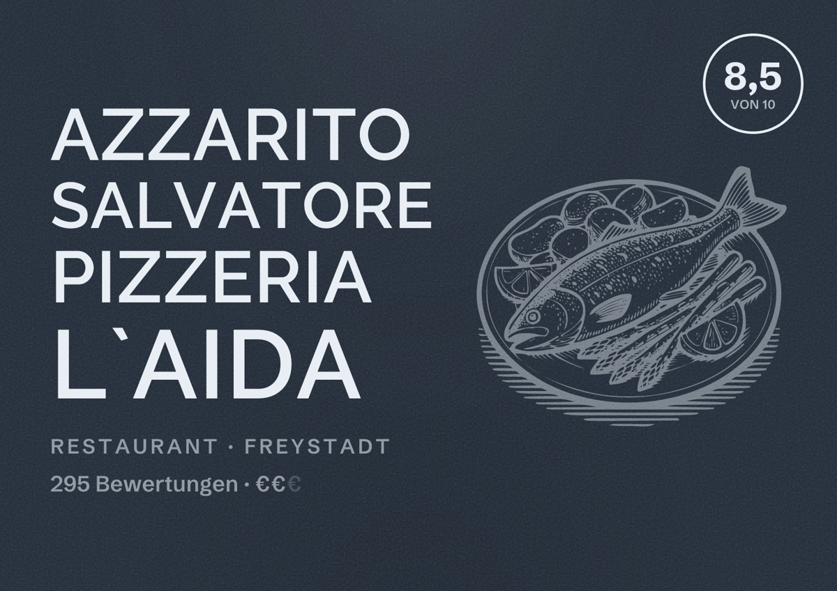 Illustriertes Poster von Azzarito Salvatore Pizzeria L`Aida, Restaurant in Freystadt: Bewertung 8,5 von 10 aus 295 Bewertungen, Preisniveau €€