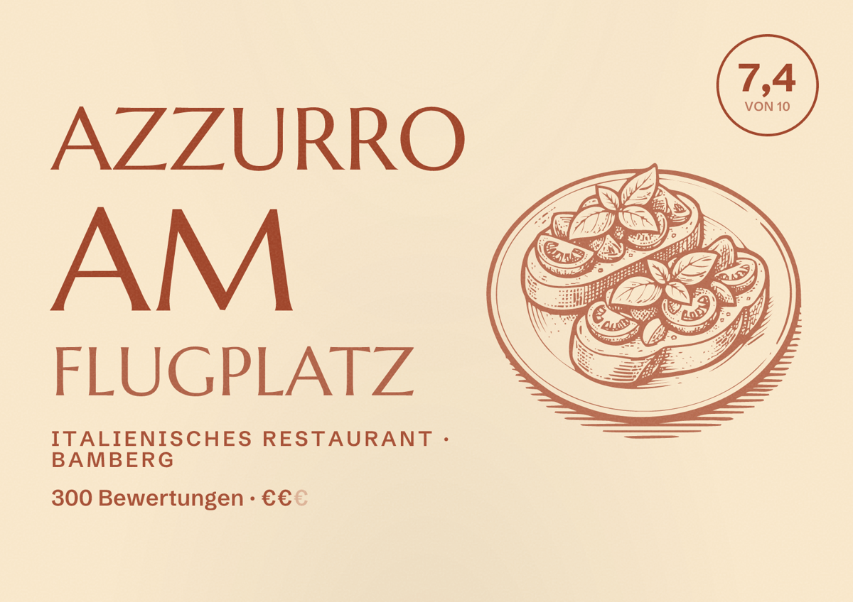 Illustriertes Poster von Azzurro am Flugplatz, Italienisches Restaurant in Bamberg: Bewertung 7,4 von 10 aus 300 Bewertungen, Preisniveau €€
