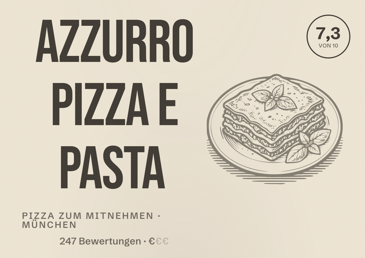 Illustriertes Poster von Azzurro Pizza e Pasta, Pizza zum Mitnehmen in München: Bewertung 7,3 von 10 aus 247 Bewertungen, Preisniveau €