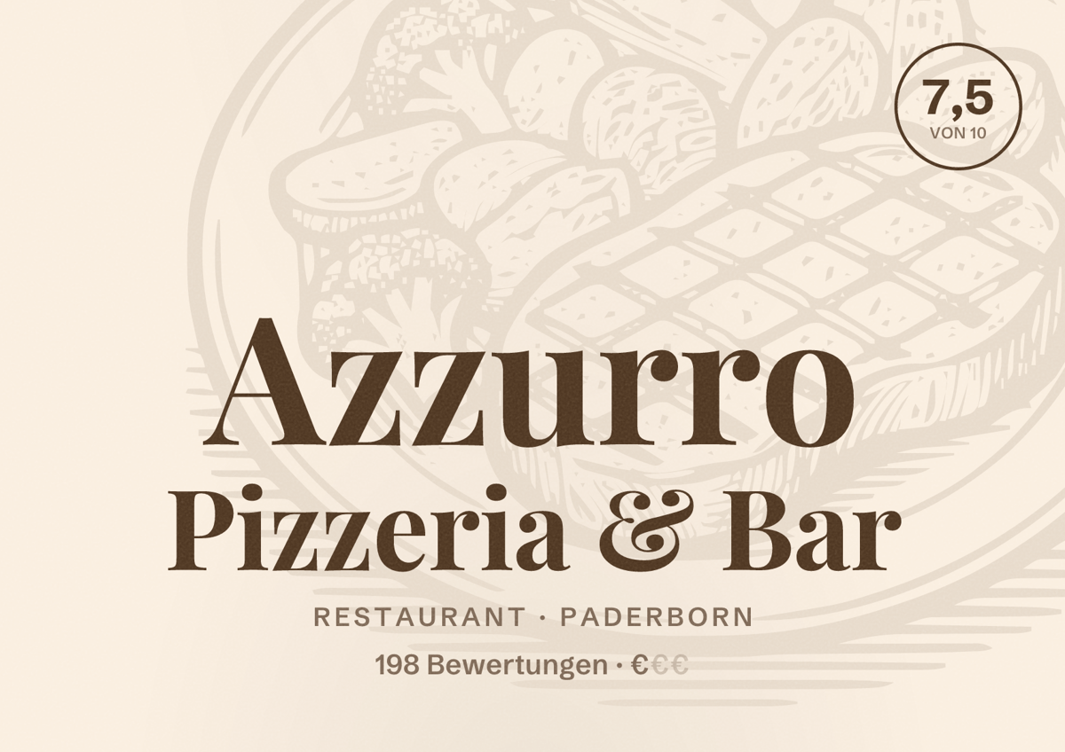 Illustriertes Poster von Azzurro Pizzeria & Bar, Restaurant in Paderborn: Bewertung 7,5 von 10 aus 198 Bewertungen, Preisniveau €