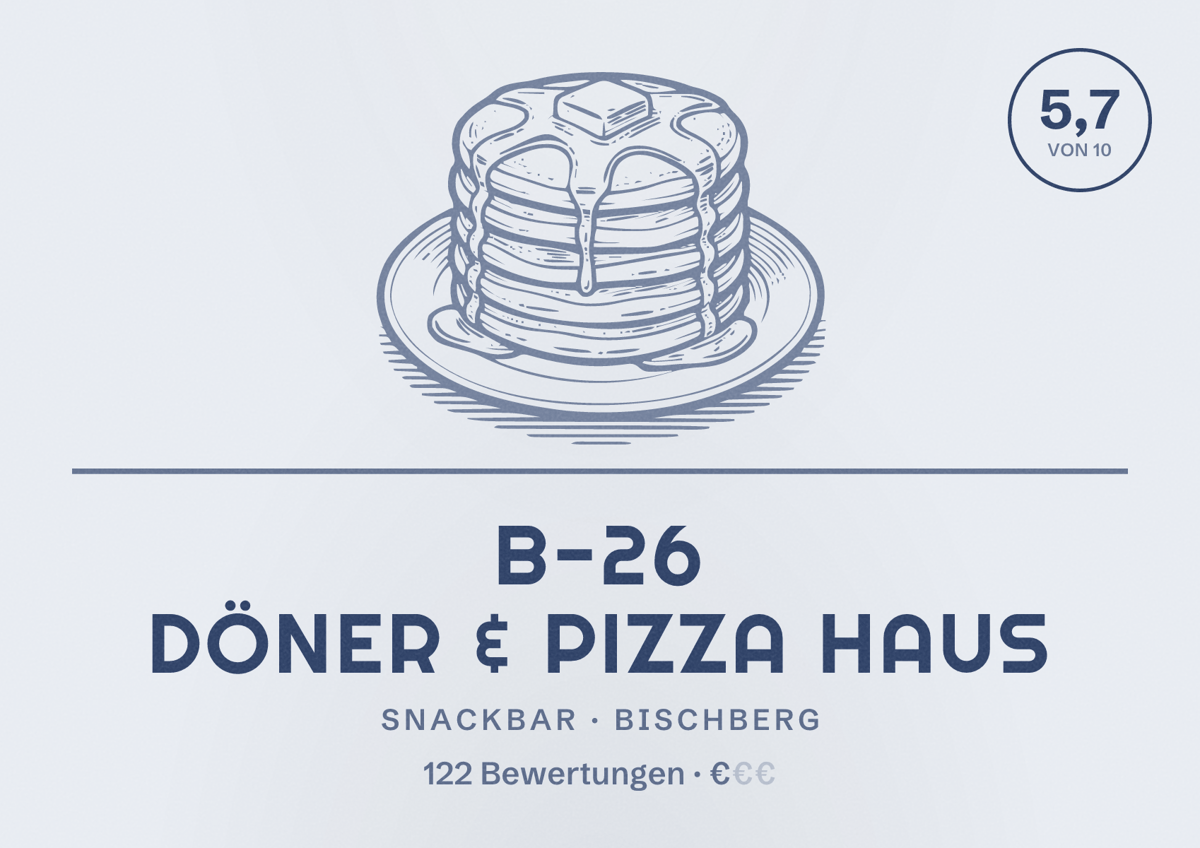 Illustriertes Poster von B-26 Döner & Pizza Haus, Snackbar in Bischberg: Bewertung 5,7 von 10 aus 122 Bewertungen, Preisniveau €
