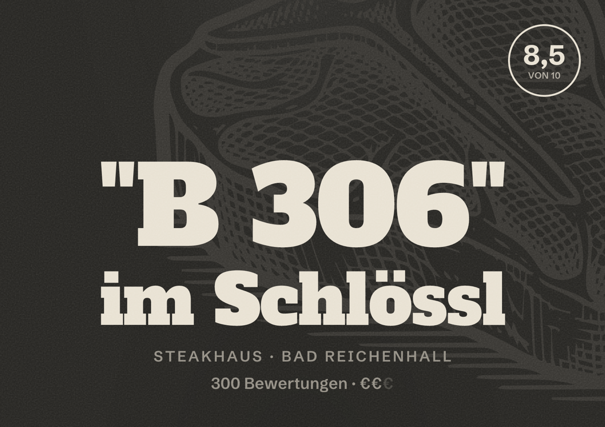 Illustriertes Poster von "B 306" im Schlössl, Steakhaus in Bad Reichenhall: Bewertung 8,5 von 10 aus 300 Bewertungen, Preisniveau €€