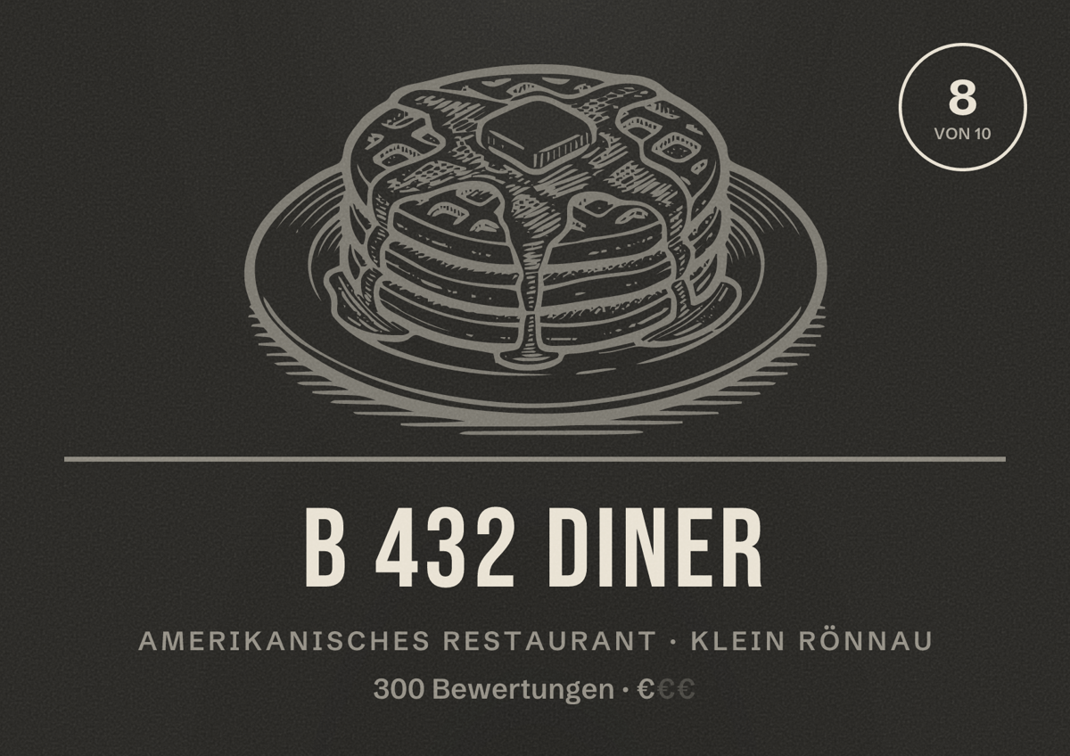 Illustriertes Poster von B 432 Diner, Amerikanisches Restaurant in Klein Rönnau: Bewertung 8 von 10 aus 300 Bewertungen, Preisniveau €