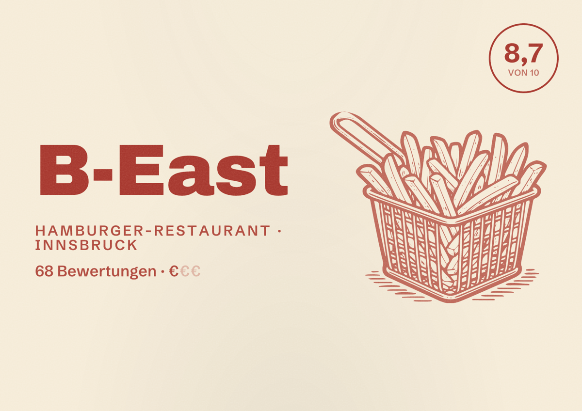 Illustriertes Poster von B-East, Hamburger-Restaurant in Innsbruck: Bewertung 8,7 von 10 aus 68 Bewertungen, Preisniveau €