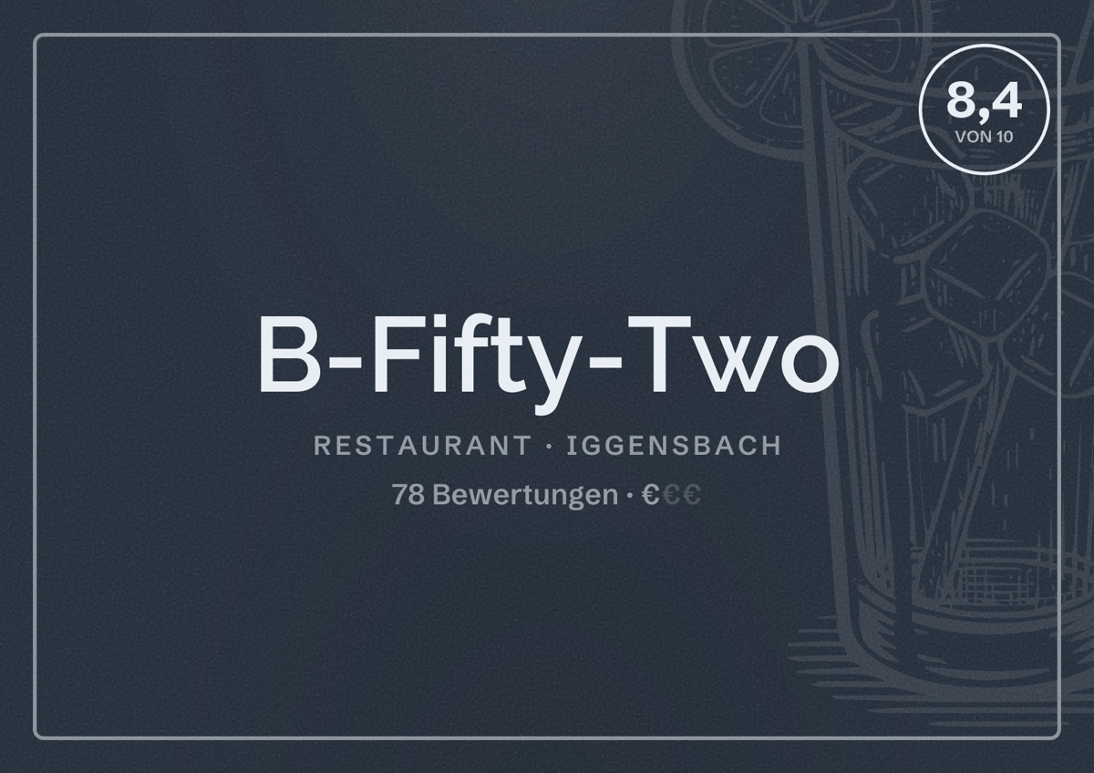 Illustriertes Poster von B-Fifty-Two, Restaurant in Iggensbach: Bewertung 8,4 von 10 aus 78 Bewertungen, Preisniveau €