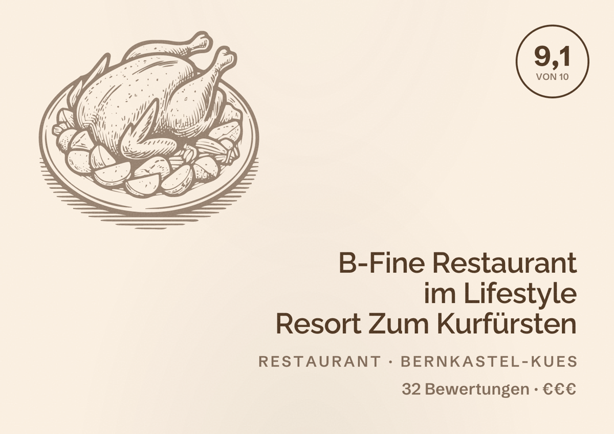 Illustriertes Poster von B-Fine Restaurant im Lifestyle Resort Zum Kurfürsten, Restaurant in Bernkastel-Kues: Bewertung 9,1 von 10 aus 32 Bewertungen, Preisniveau €€€