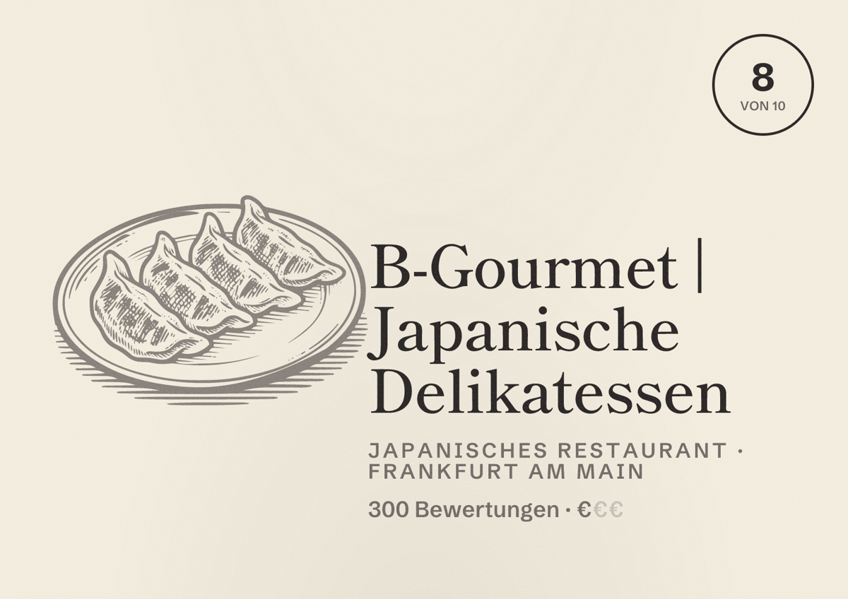 Illustriertes Poster von B-Gourmet | Japanische Delikatessen, Japanisches Restaurant in Frankfurt am Main: Bewertung 8,0 von 10 aus 300 Bewertungen, Preisniveau €