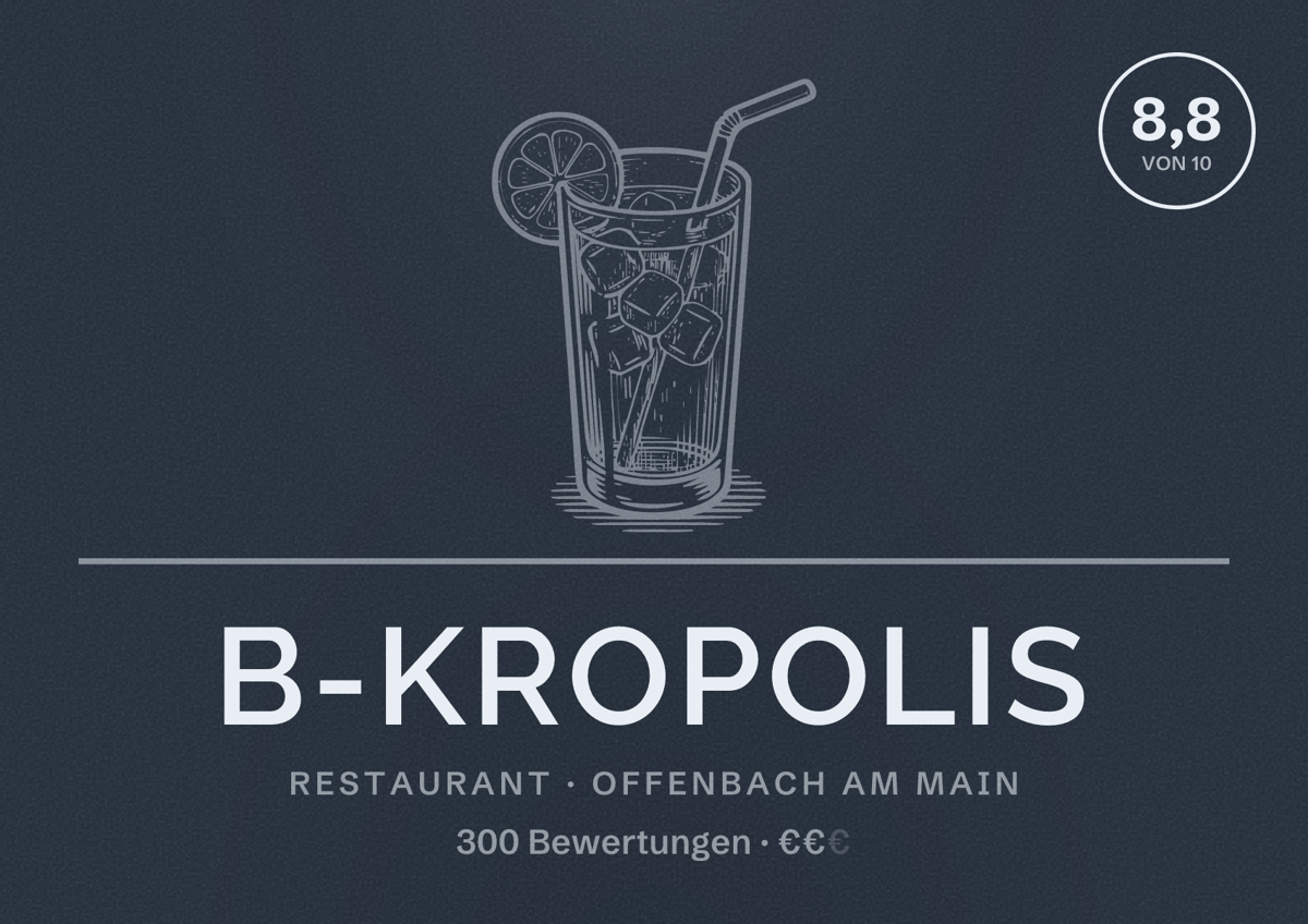 Illustriertes Poster von B-kropolis, Restaurant in Offenbach am Main: Bewertung 8,8 von 10 aus 300 Bewertungen, Preisniveau €€