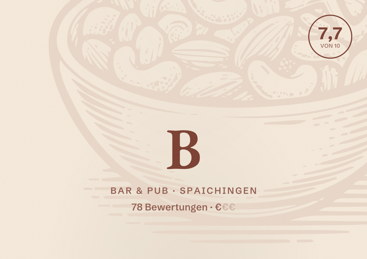 Illustriertes Poster von B, Bar & Pub in Spaichingen: Bewertung 7,7 von 10 aus 78 Bewertungen, Preisniveau €