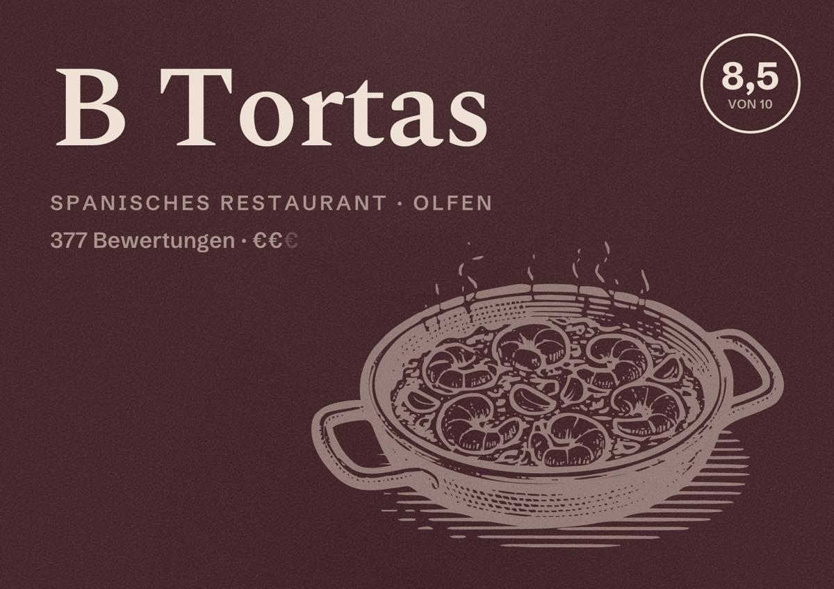 Illustriertes Poster von B Tortas, Spanisches Restaurant in Olfen: Bewertung 8,5 von 10 aus 377 Bewertungen, Preisniveau €€