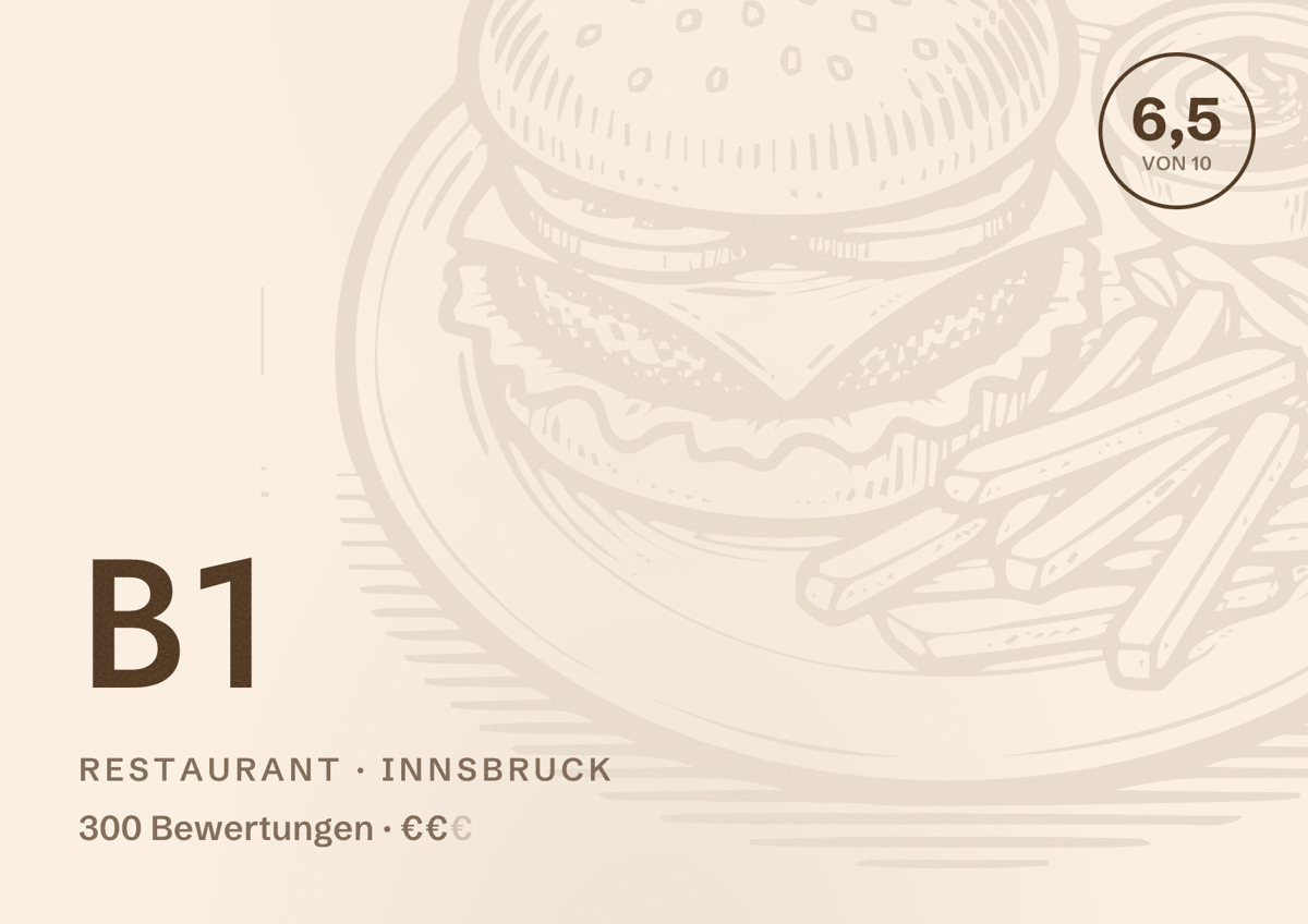 Illustriertes Poster von B1, Restaurant in Innsbruck: Bewertung 6,5 von 10 aus 300 Bewertungen, Preisniveau €€