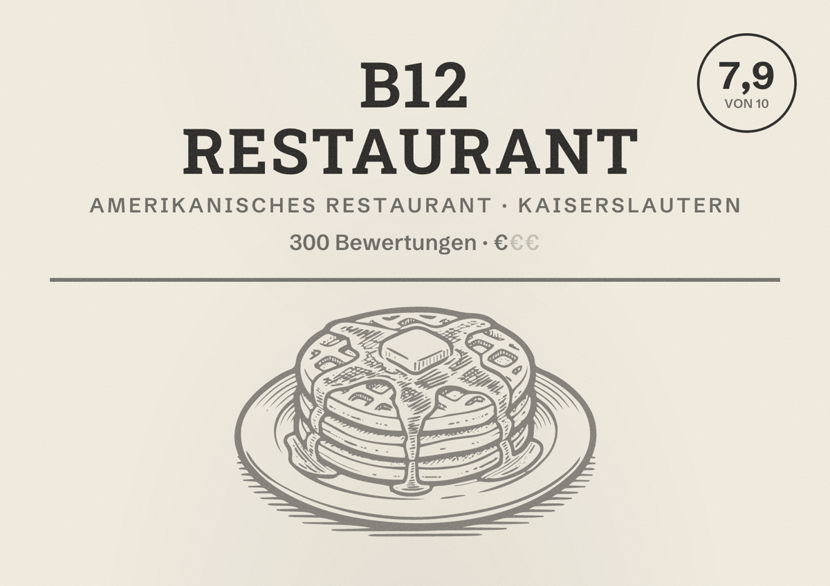 Illustriertes Poster von B12 Restaurant, Amerikanisches Restaurant in Kaiserslautern: Bewertung 7,9 von 10 aus 300 Bewertungen, Preisniveau €