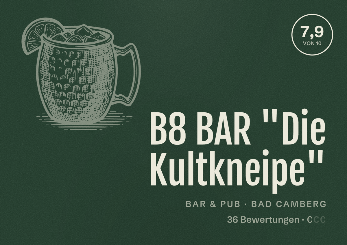 Illustriertes Poster von B8 BAR "Die Kultkneipe", Bar & Pub in Bad Camberg: Bewertung 7,9 von 10 aus 36 Bewertungen, Preisniveau €