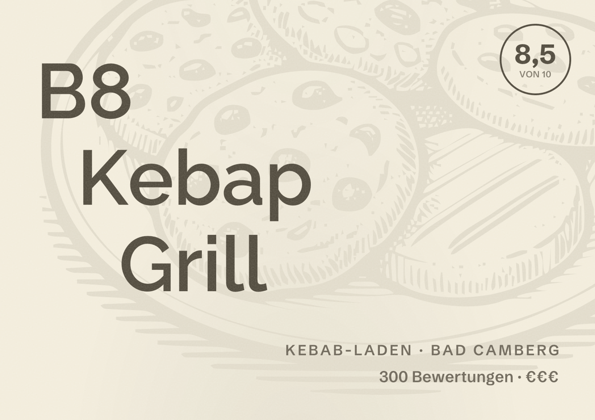 Illustriertes Poster von B8 Kebap Grill, Kebab-Laden in Bad Camberg: Bewertung 8,5 von 10 aus 300 Bewertungen, Preisniveau €€€