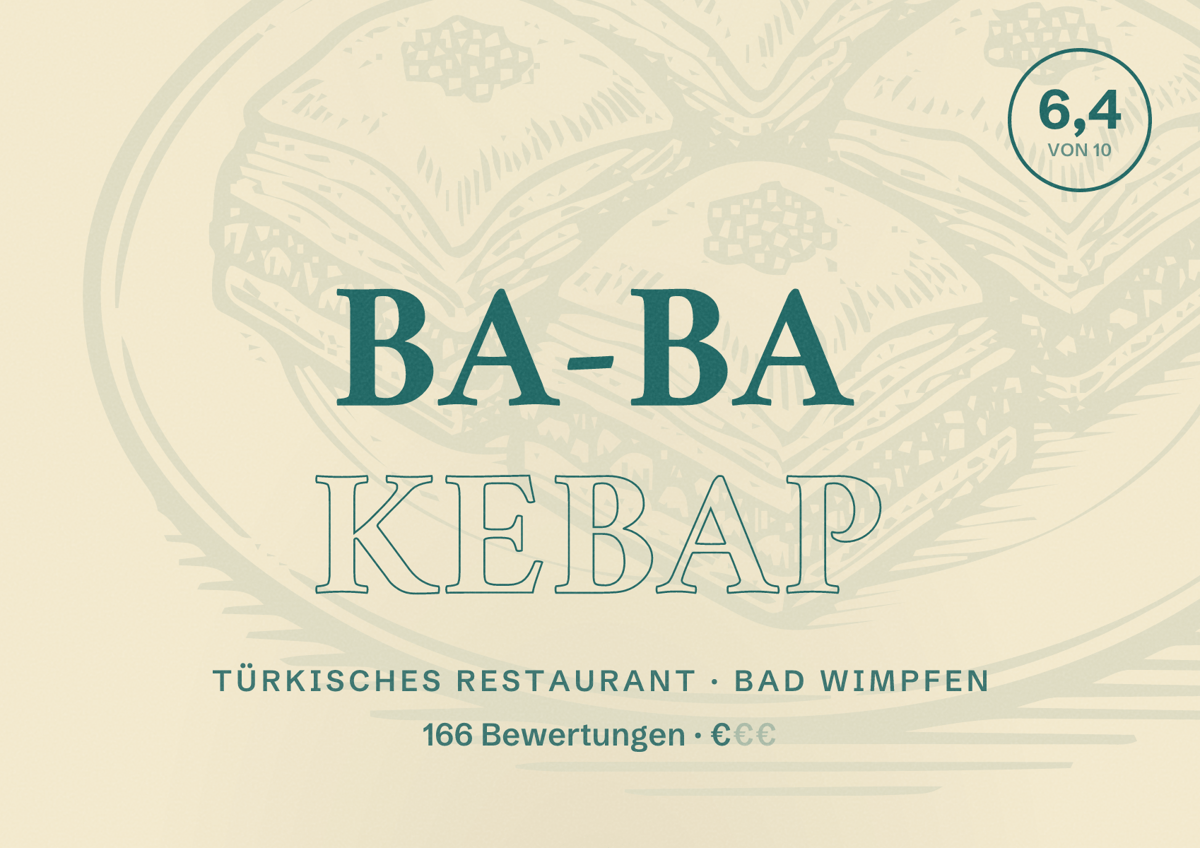 Illustriertes Poster von Ba-Ba Kebap, Türkisches Restaurant in Bad Wimpfen: Bewertung 6,4 von 10 aus 166 Bewertungen, Preisniveau €