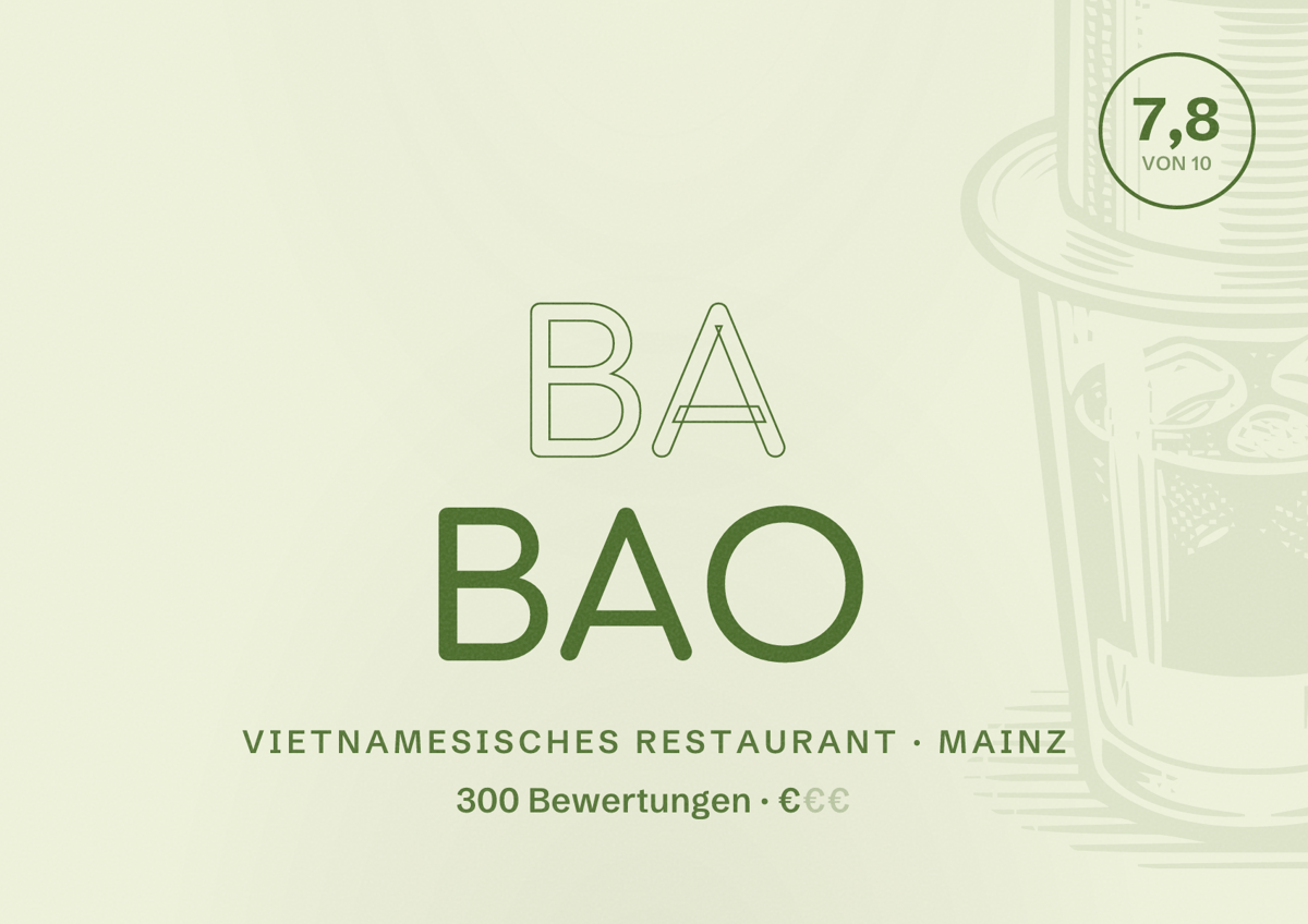 Illustriertes Poster von Ba Bao, Vietnamesisches Restaurant in Mainz: Bewertung 7,8 von 10 aus 300 Bewertungen, Preisniveau €
