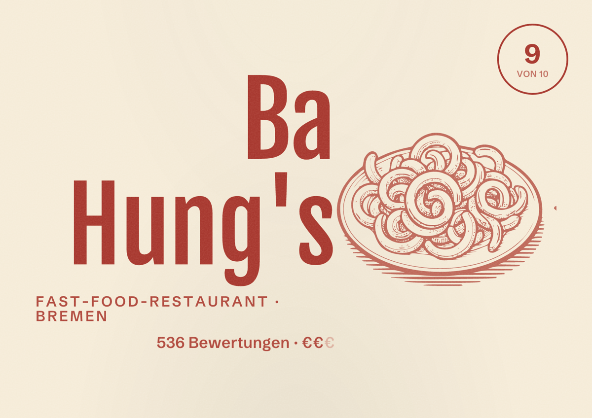 Illustriertes Poster von Ba Hung's, Fast-Food-Restaurant in Bremen: Bewertung 9 von 10 aus 536 Bewertungen, Preisniveau €€