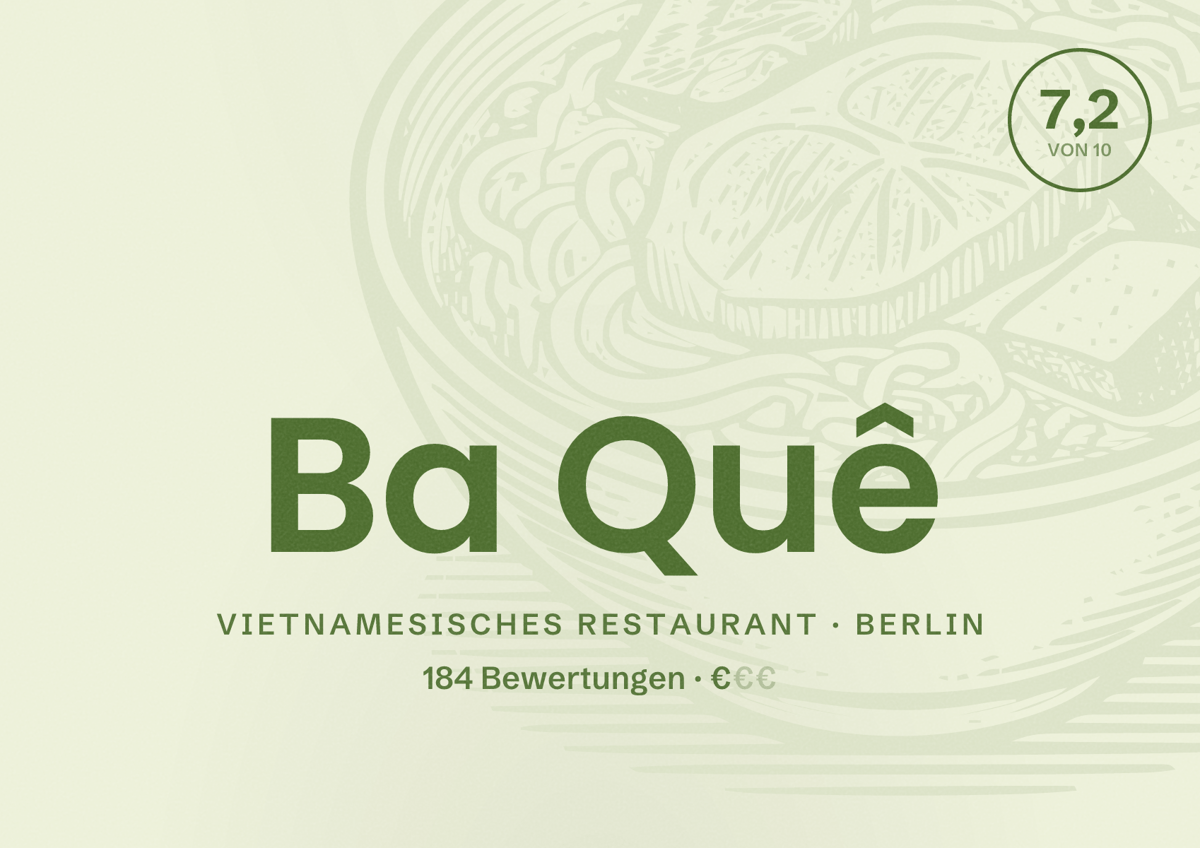 Illustriertes Poster von Ba Quê, Vietnamesisches Restaurant in Berlin: Bewertung 7,2 von 10 aus 184 Bewertungen, Preisniveau €