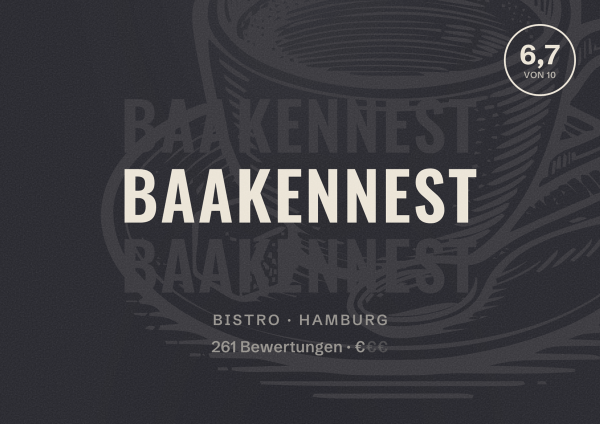 Illustriertes Poster von BaakenNest, Bistro in Hamburg: Bewertung 6,7 von 10 aus 261 Bewertungen, Preisniveau €