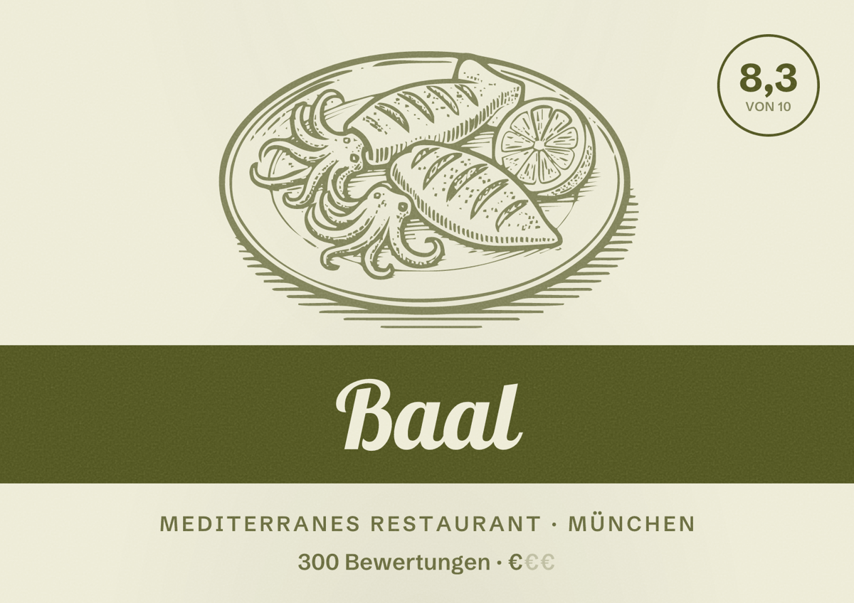 Illustriertes Poster von Baal, Mediterranes Restaurant in München: Bewertung 8,3 von 10 aus 300 Bewertungen, Preisniveau €