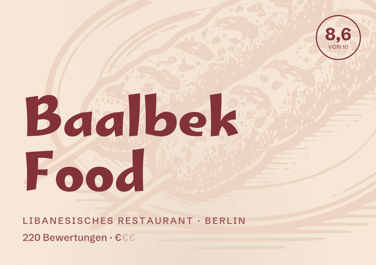 Illustriertes Poster von Baalbek Food, Libanesisches Restaurant in Berlin: Bewertung 8,6 von 10 aus 220 Bewertungen, Preisniveau €