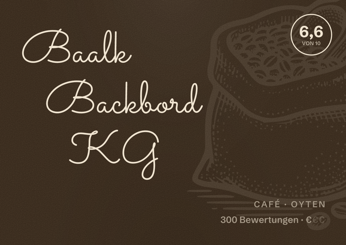 Illustriertes Poster von Baalk Backbord KG, Café in Oyten: Bewertung 6,6 von 10 aus 300 Bewertungen, Preisniveau €