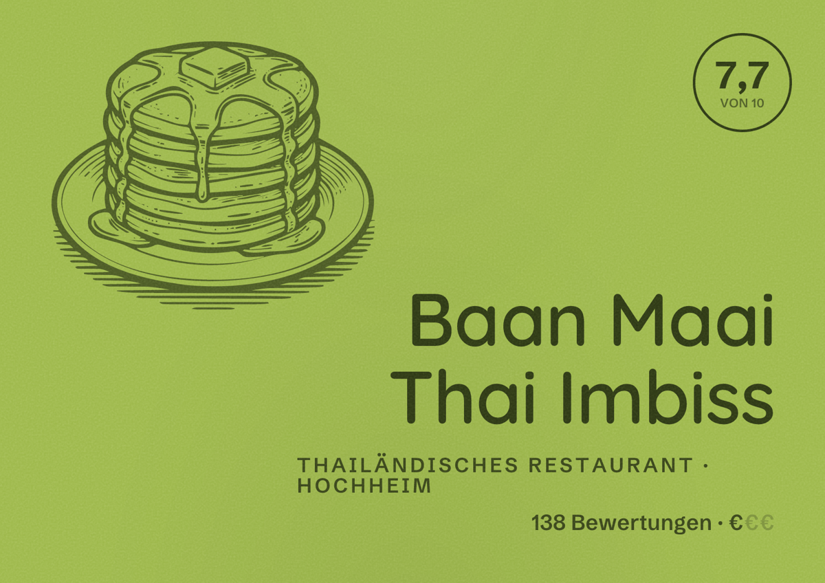 Illustriertes Poster von Baan Maai Thai Imbiss, Thailändisches Restaurant in Hochheim: Bewertung 7,7 von 10 aus 138 Bewertungen, Preisniveau €