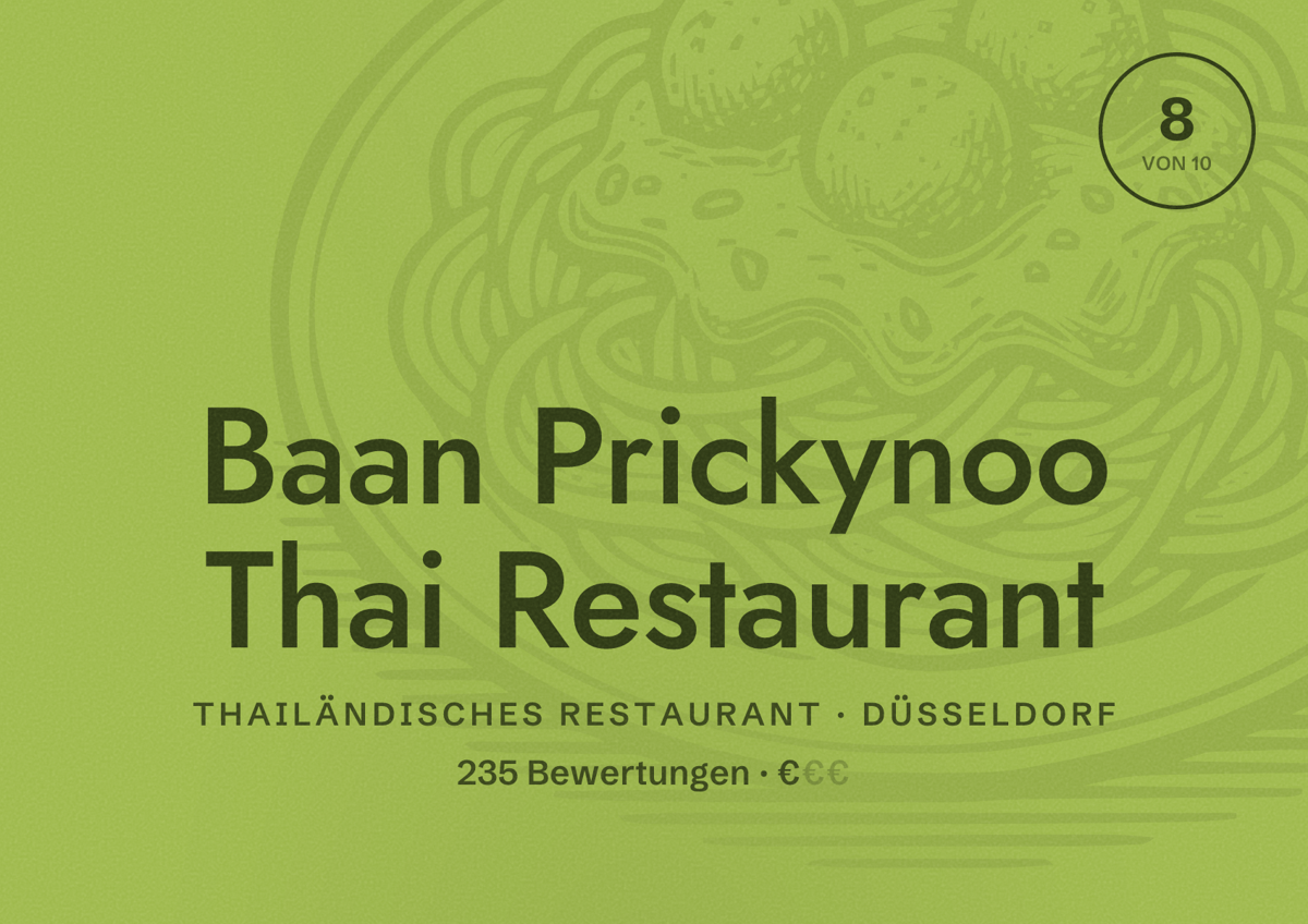 Illustriertes Poster von Baan Prickynoo Thai Restaurant, Thailändisches Restaurant in Düsseldorf: Bewertung 8 von 10 aus 235 Bewertungen, Preisniveau €