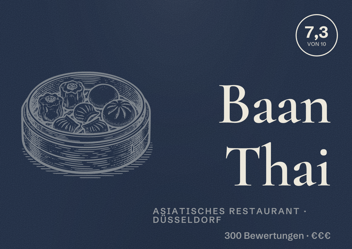 Illustriertes Poster von Baan Thai, Asiatisches Restaurant in Düsseldorf: Bewertung 7,3 von 10 aus 300 Bewertungen, Preisniveau €€€