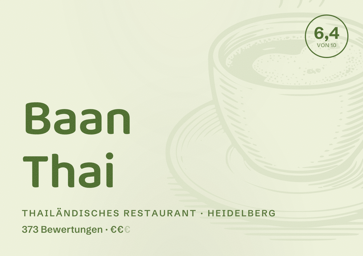 Illustriertes Poster von Baan Thai, Thailändisches Restaurant in Heidelberg: Bewertung 6,4 von 10 aus 373 Bewertungen, Preisniveau €€