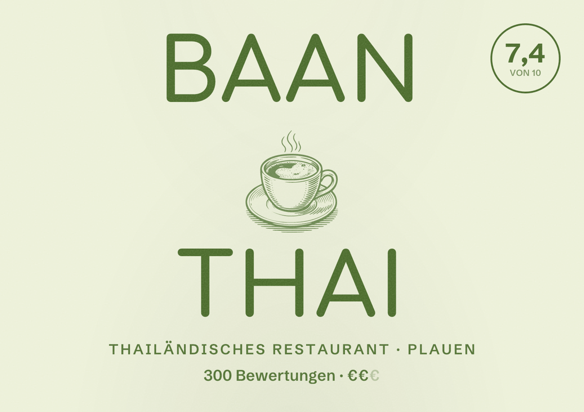 Illustriertes Poster von Baan Thai, Thailändisches Restaurant in Plauen: Bewertung 7,4 von 10 aus 300 Bewertungen, Preisniveau €€