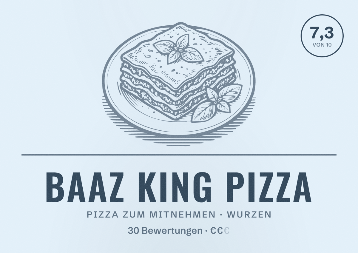 Illustriertes Poster von Baaz King Pizza, Pizza zum Mitnehmen in Wurzen: Bewertung 7,3 von 10 aus 30 Bewertungen, Preisniveau €€