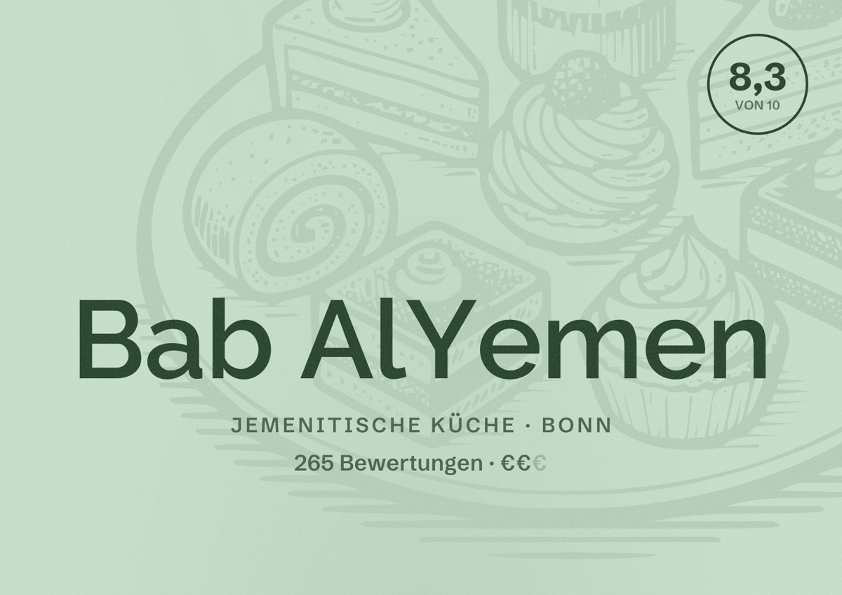 Illustriertes Poster von Bab AlYemen, Jemenitische Küche in Bonn: Bewertung 8,3 von 10 aus 265 Bewertungen, Preisniveau €€