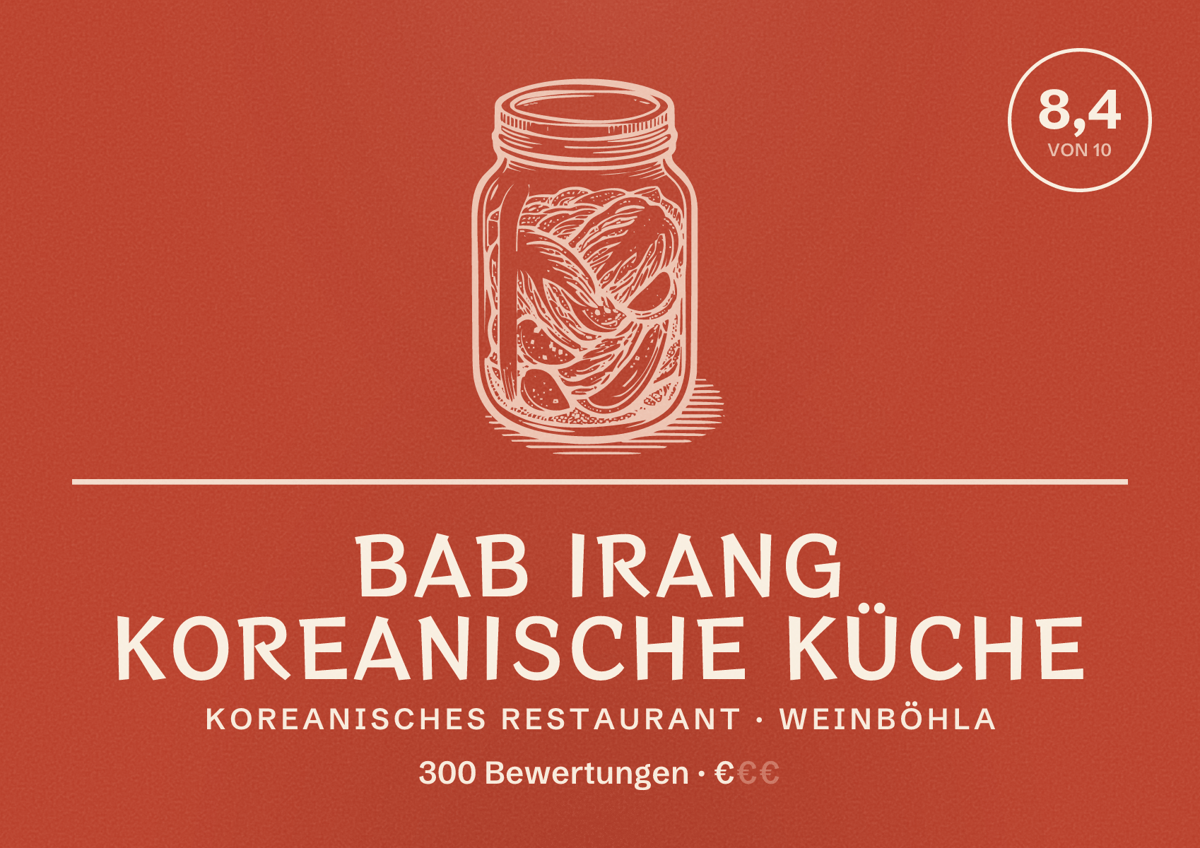 Illustriertes Poster von BAB IRANG Koreanische Küche, Koreanisches Restaurant in Weinböhla: Bewertung 8,4 von 10 aus 300 Bewertungen, Preisniveau €