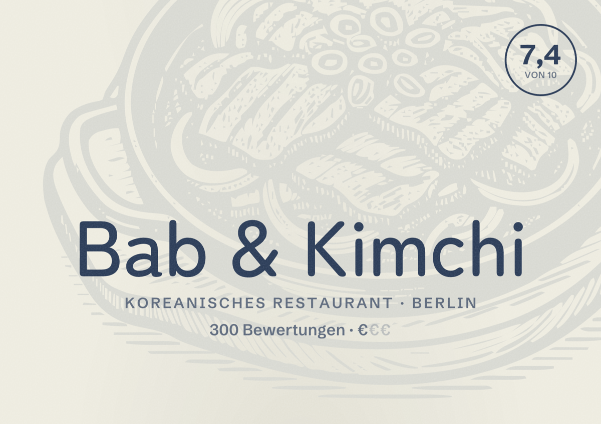 Illustriertes Poster von Bab & Kimchi, Koreanisches Restaurant in Berlin: Bewertung 7,4 von 10 aus 300 Bewertungen, Preisniveau €