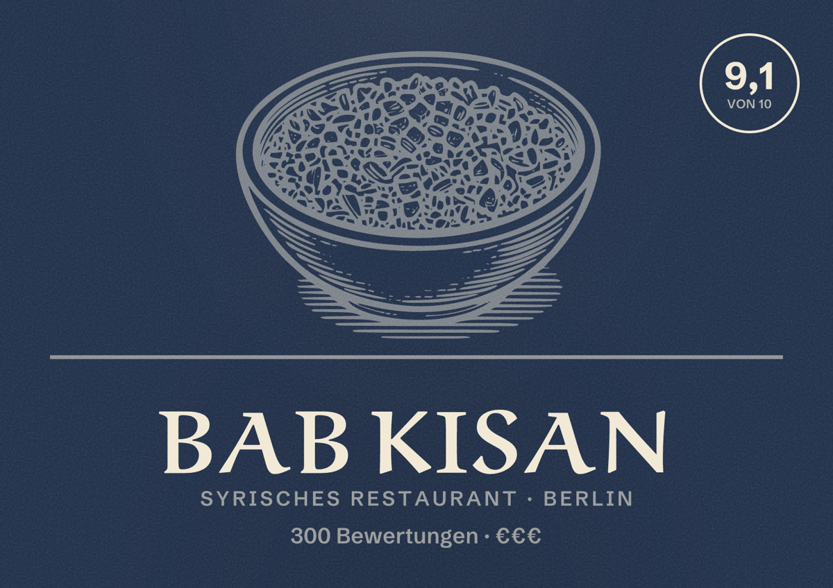Illustriertes Poster von Bab Kisan, Syrisches Restaurant in Berlin: Bewertung 9,1 von 10 aus 300 Bewertungen, Preisniveau €€€