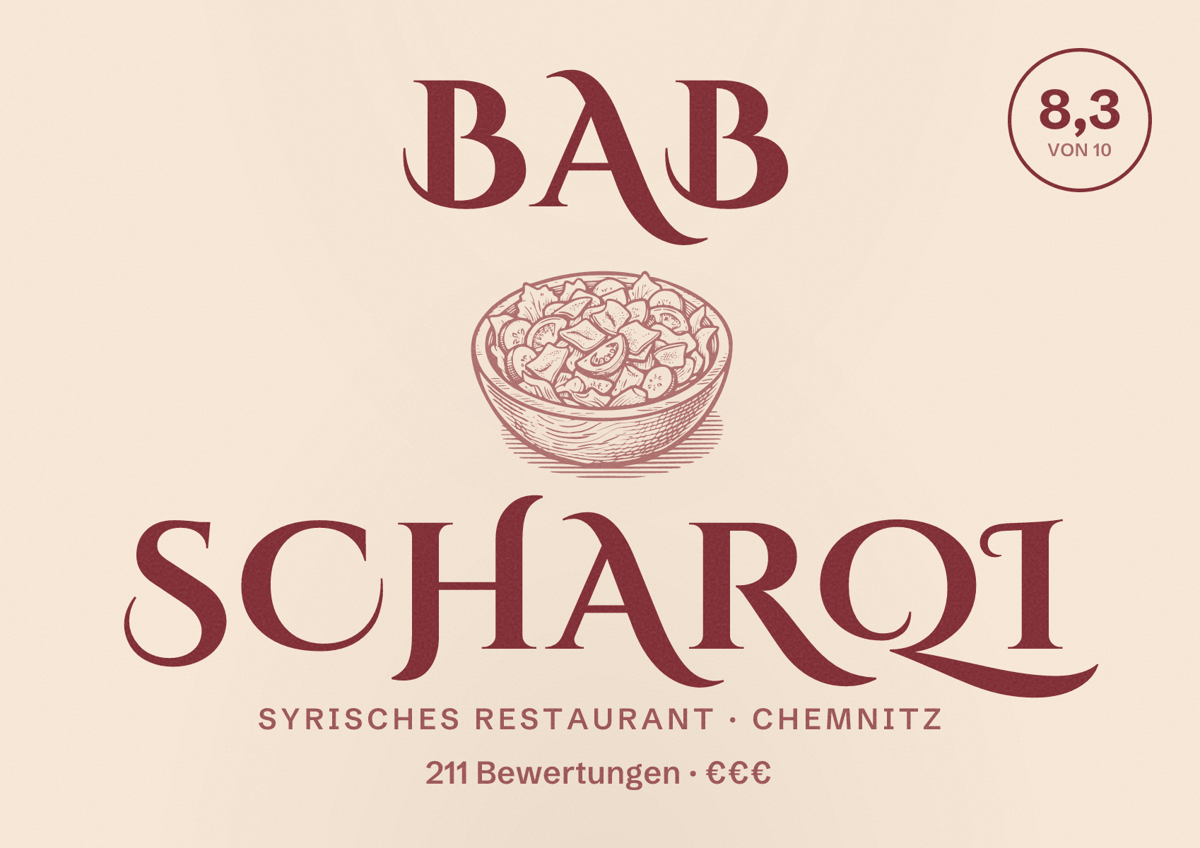 Illustriertes Poster von Bab Scharqi, Syrisches Restaurant in Chemnitz: Bewertung 8,3 von 10 aus 211 Bewertungen, Preisniveau €€€