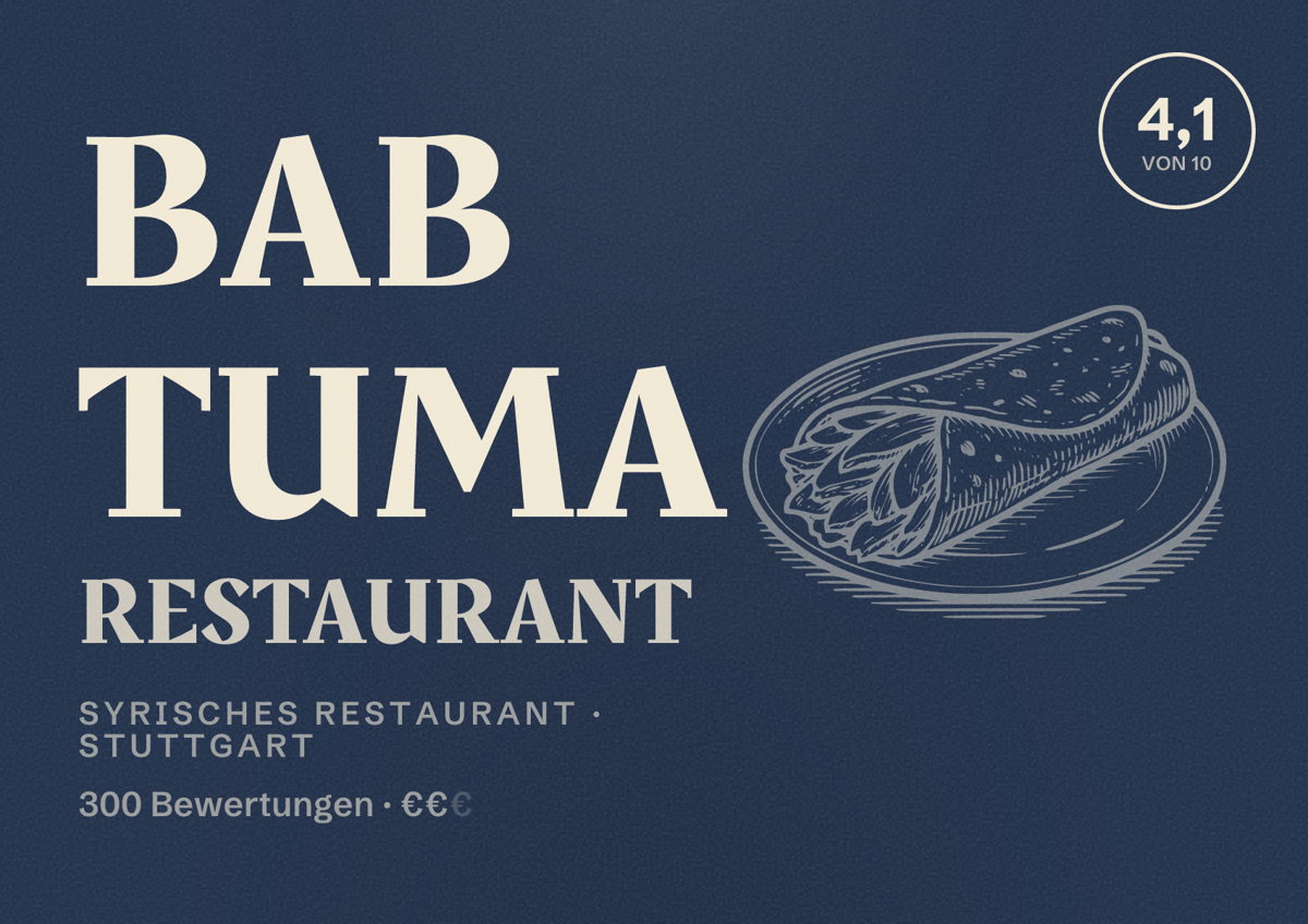 Illustriertes Poster von Bab Tuma Restaurant, Syrisches Restaurant in Stuttgart: Bewertung 4,1 von 10 aus 300 Bewertungen, Preisniveau €€