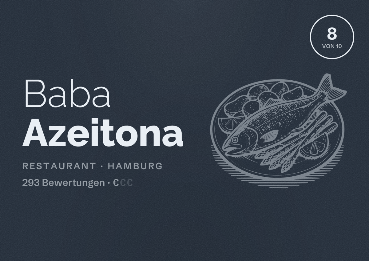 Illustriertes Poster von Baba Azeitona, Restaurant in Hamburg: Bewertung 8 von 10 aus 293 Bewertungen, Preisniveau €