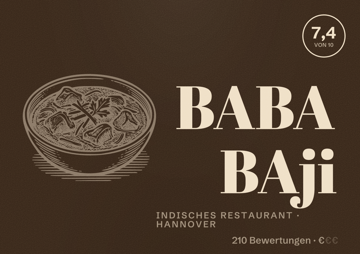 Illustriertes Poster von BABA BAji, Indisches Restaurant in Hannover: Bewertung 7,4 von 10 aus 210 Bewertungen, Preisniveau €