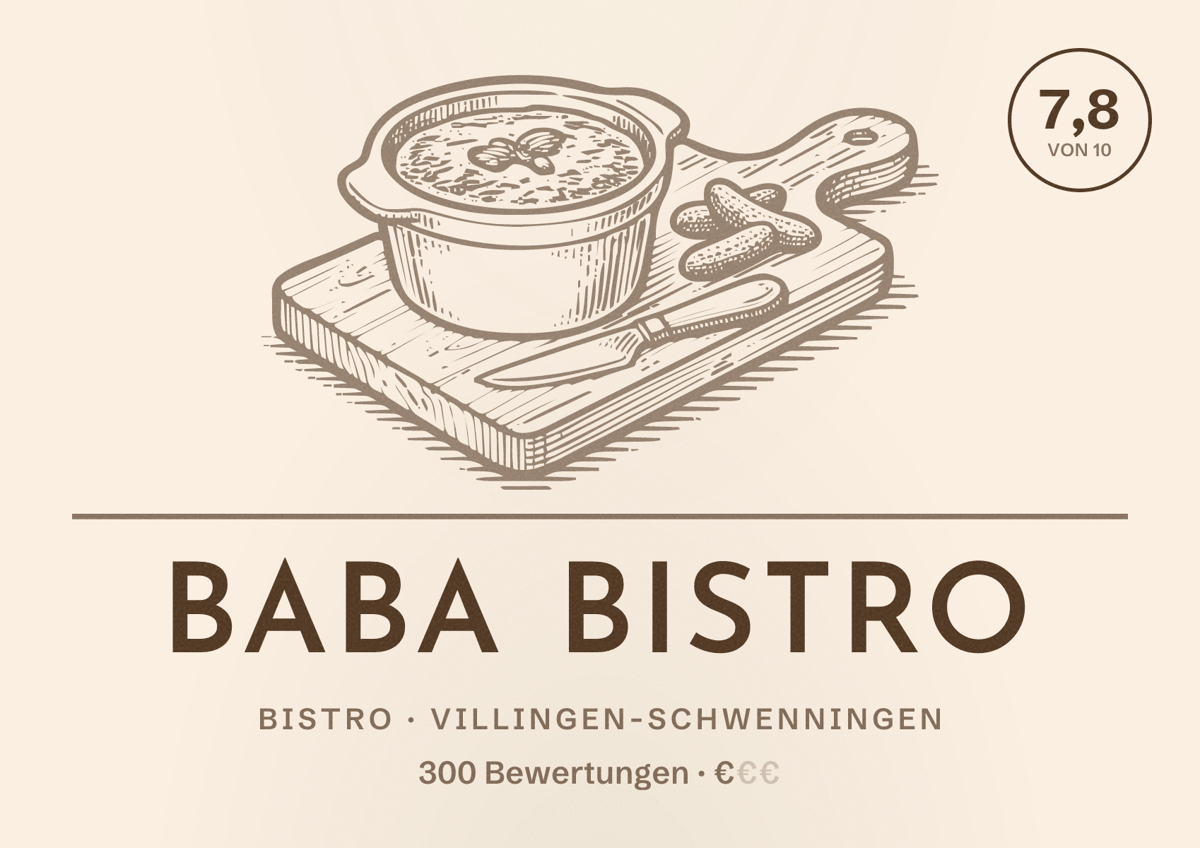 Illustriertes Poster von Baba Bistro, Bistro in Villingen-Schwenningen: Bewertung 7,8 von 10 aus 300 Bewertungen, Preisniveau €