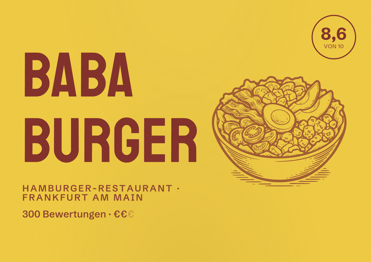 Illustriertes Poster von Baba Burger, Hamburger-Restaurant in Frankfurt am Main: Bewertung 8,6 von 10 aus 300 Bewertungen, Preisniveau €€