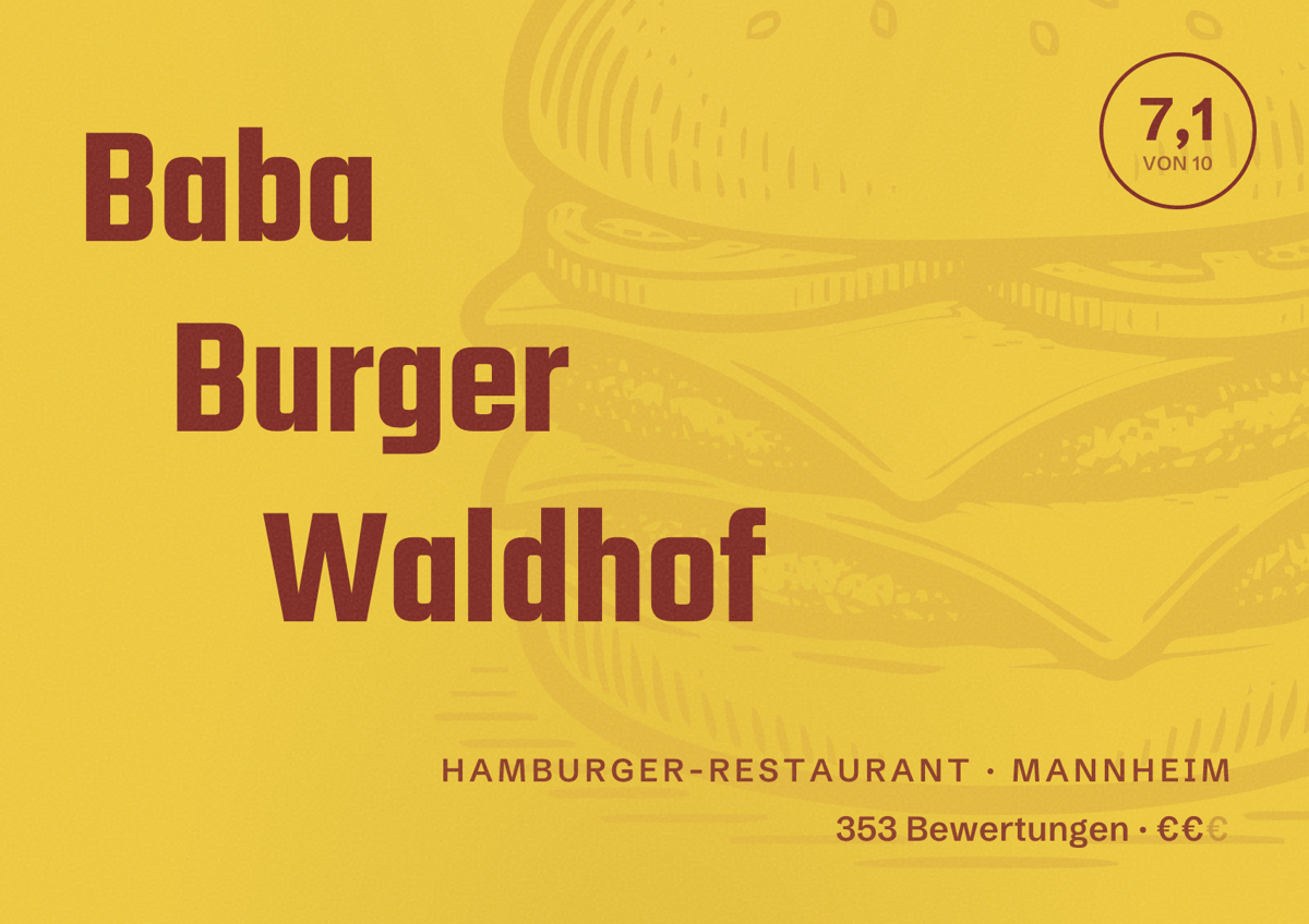 Illustriertes Poster von Baba Burger Waldhof, Hamburger-Restaurant in Mannheim: Bewertung 7,1 von 10 aus 353 Bewertungen, Preisniveau €€