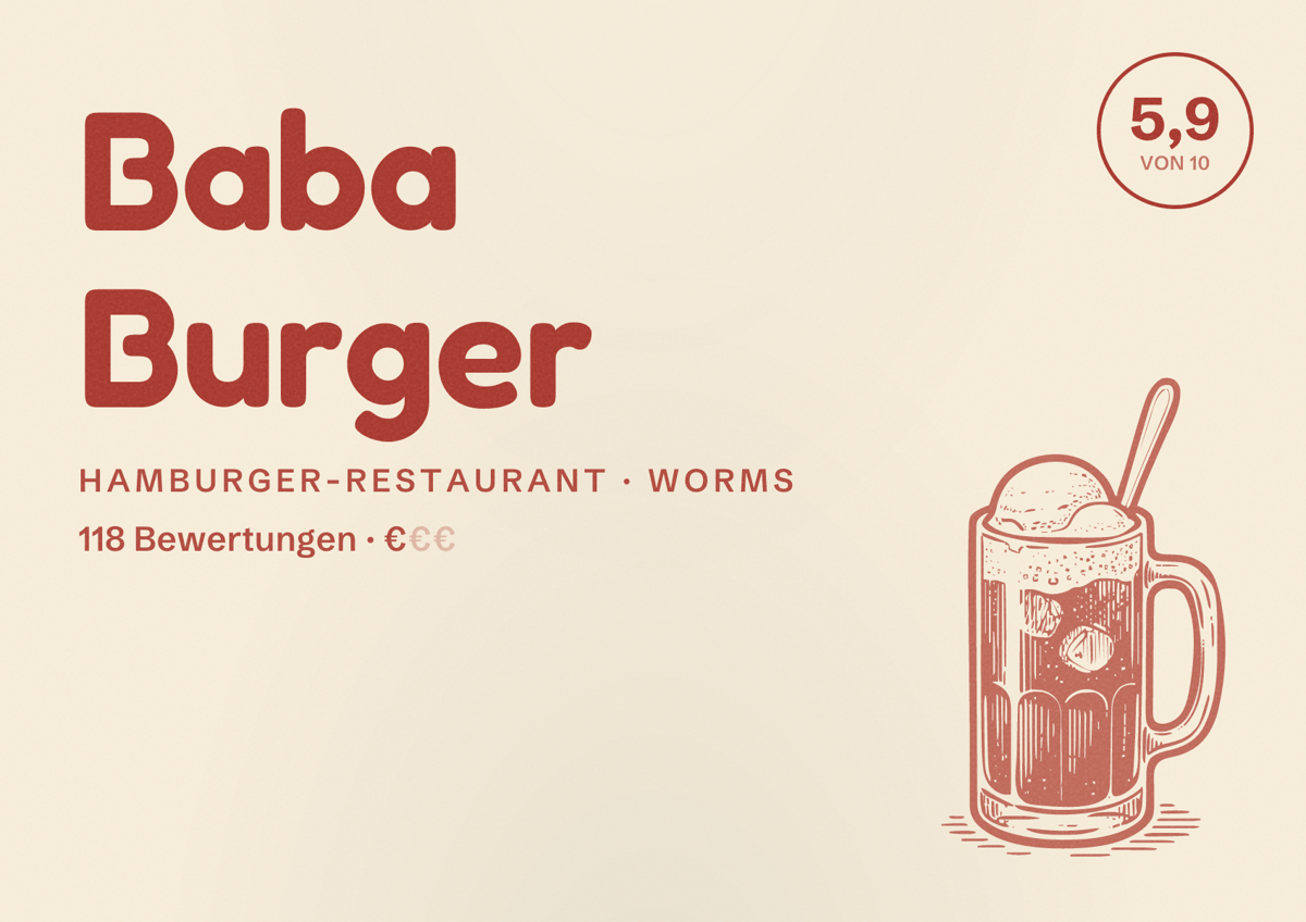 Illustriertes Poster von Baba Burger, Hamburger-Restaurant in Worms: Bewertung 5,9 von 10 aus 118 Bewertungen, Preisniveau €