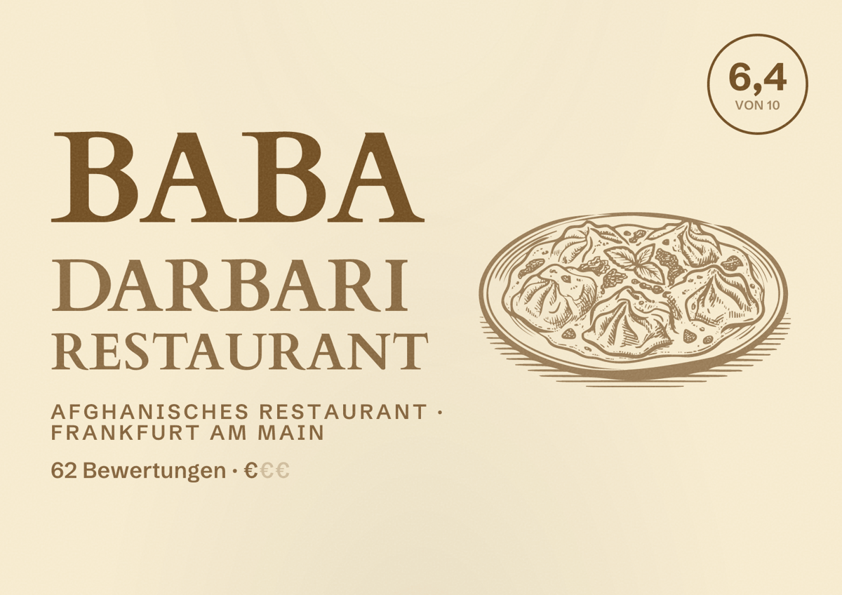 Illustriertes Poster von Baba Darbari Restaurant, Afghanisches Restaurant in Frankfurt am Main: Bewertung 6,4 von 10 aus 62 Bewertungen, Preisniveau €